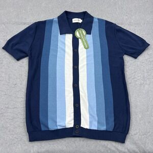 NEW Oxknitstore Button Up Men's XL Blue Striped Retro Knit Polo Sweater Shirt